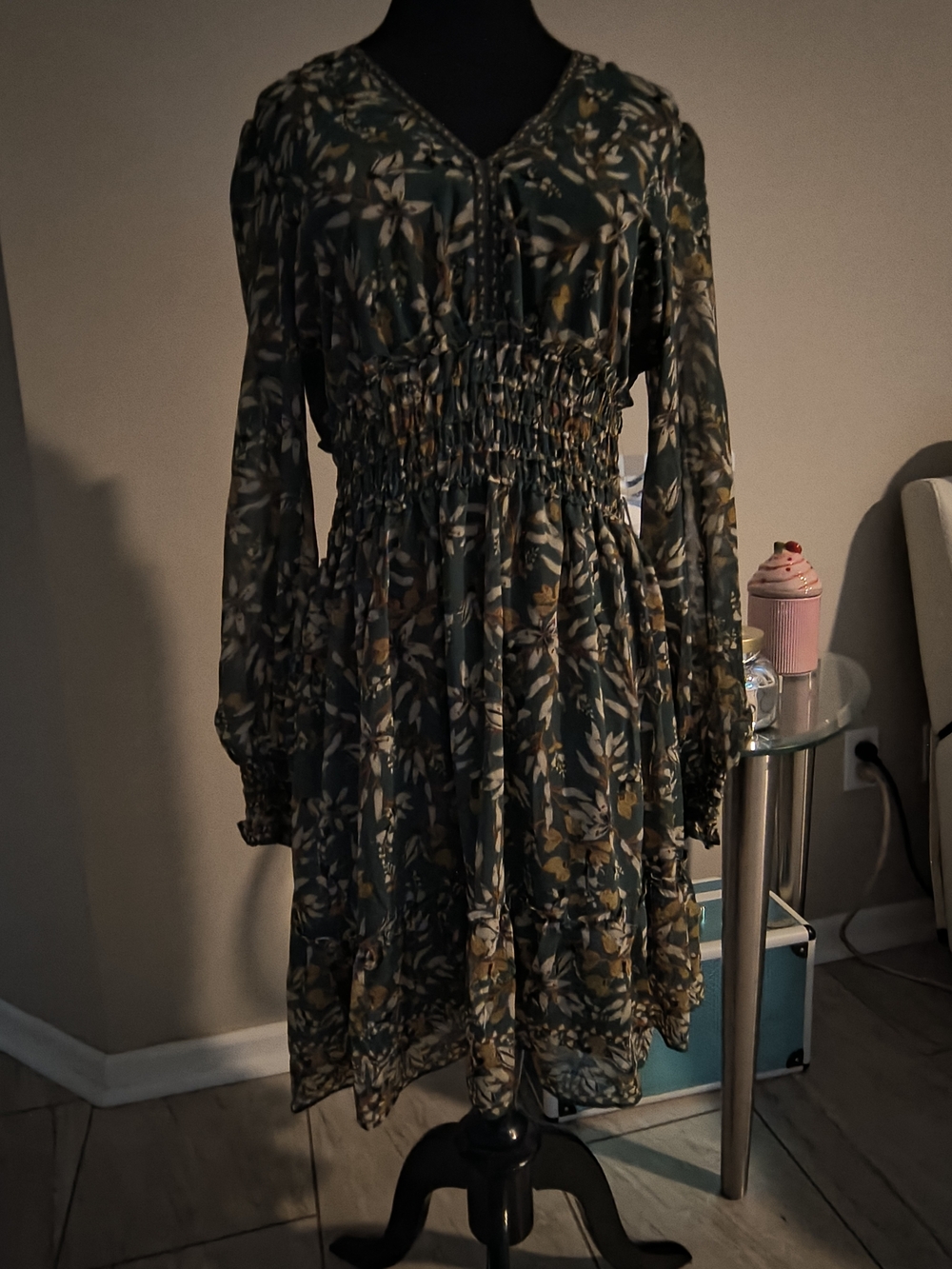 Floral Smocked Waist Long Sleeve Dress - Green